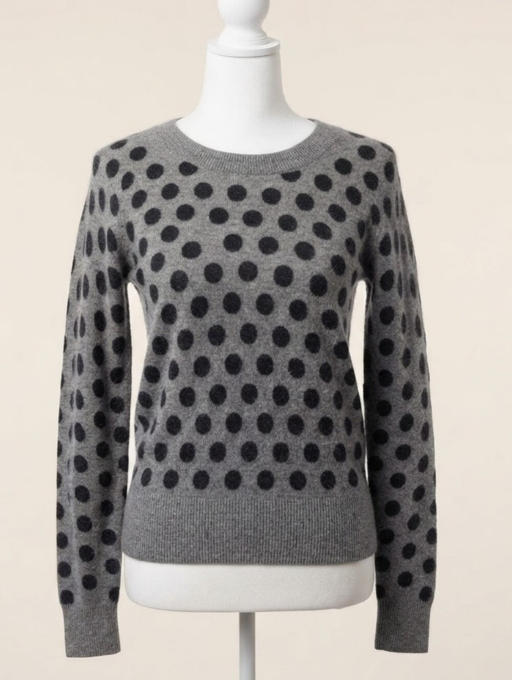 100% Cashmere Sweater Gray Black Polka Dot Crewneck Women's Size S
